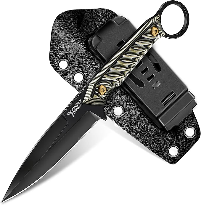 PURPLEBIRD Small Fixed Blade Knife with Kydex Sheath - 3.7 Full Tang EDC Survival Knife for Men with TiN-Coated 440C Blade &amp G10 Handle Sharp Hunting Knives for Bushcraft Gift for Men
