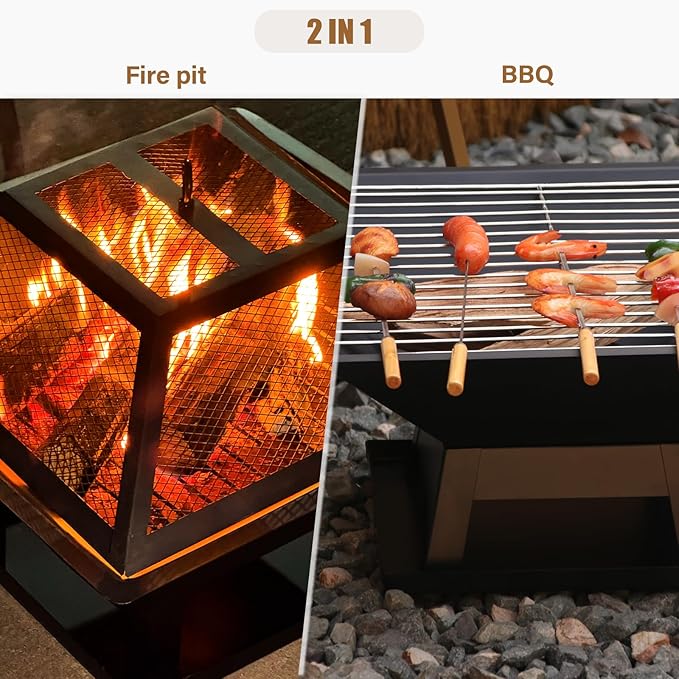 19.8inch Portable Small Fire Pit with a Removable Ash Pan Fire Poker Mesh Lid 2 in 1 Square Outdoor Fireplace for BBQ Outside Heating Bonfire Party Camping Backyard Patio RV Trip