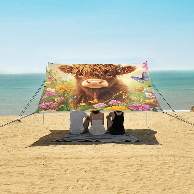 ALAZA A Cute Highland Cow Flowers Beach Tent Sun Shelter Portable Canopy Sunshade for Outdoor Camping Picnics Backyard Fun 10x9 ft