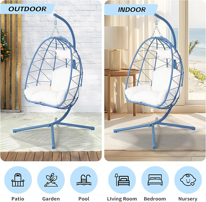 Hanging Egg Chair with Stand Outdoor Indoor Patio Rattan Swing Hammock Chairs with Washable Cushion PE Wicker Swing Chair for Backyard Bedroom Garden (Blue + White Cushion No Footrest)