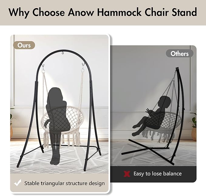 ANOW Adjustable Hammock Chair Swing Stand Only Heavy Duty Hanging Chair Stand with Safety Hooks for Indoors Outdoors Max 400 Lbs Plus Size Version Black