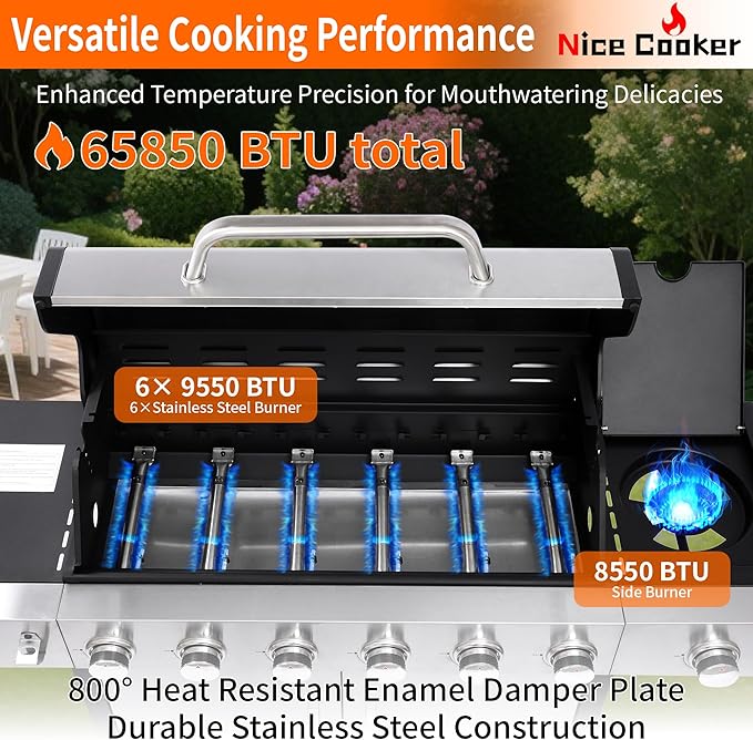6-Burner Propane Gas BBQ Grill with Side Burner - 65850 BTU Total Output Stainless Steel Grills with Enameled Cast Iron Grill for Outdoor Backyard Barbecue 620 SQ. IN. Cooking Area