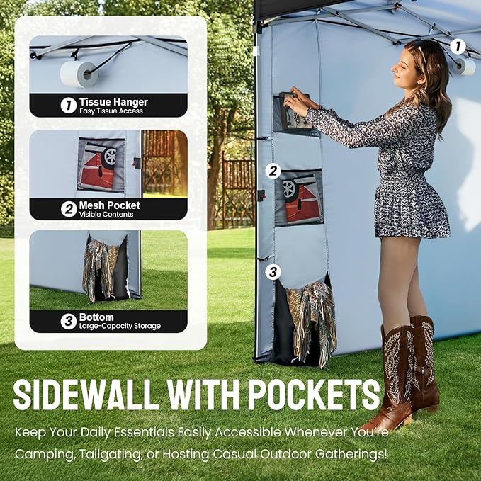 CROWN SHADES Canopy Tent 10 x 10 Foot Portable Pop Up Outdoor Shelter with Pocket Sidewall Push Center Lock UV Protection and Carry Bag Black