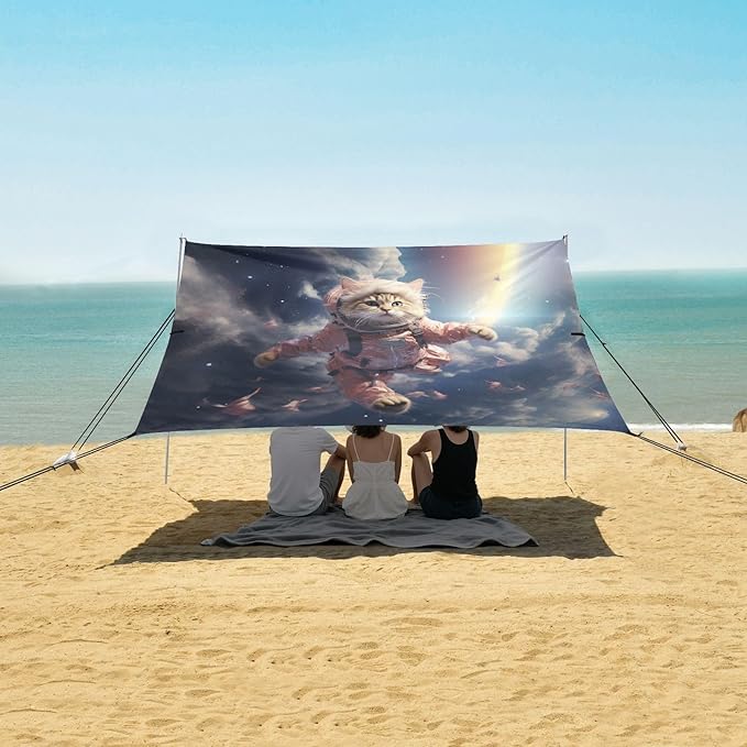 ALAZA Cat Astronaut Funny Beach Tent Sun Shelter UPF50+ Protection Beach Shade Canopy w/ 4 Sandbags for Outdoor Camping Fishing Backyard Fun Picnic 10x9 ft