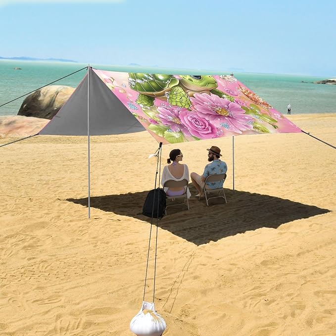 ALAZA Turtle Flowers Butterfly Dreamy Beach Tent Sun Shelter UPF50+ Protection Beach Shade Canopy w/ 4 Sandbags for Outdoor Camping Fishing Backyard Fun Picnic 10x9 ft