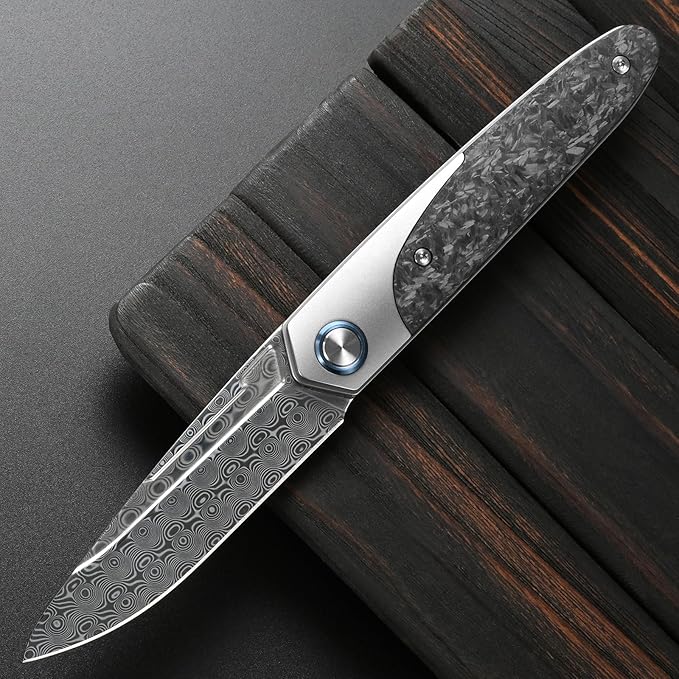 Sitivien ST245 Damascus Steel Folding Knives with Liner Lock Ball BearingTitanium Carbon Fiber Handle EDC Damascus Knife for Men Women(Gray) … …