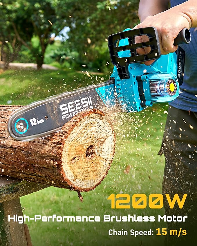 SEESII Electric Chainsaw Cordless 12-inch Handheld Chain Saws with a 4.0Ah Battery Tree Saw with Tool-free Chain Tension Auto Oiling for Wood Cutting Trimming Branch