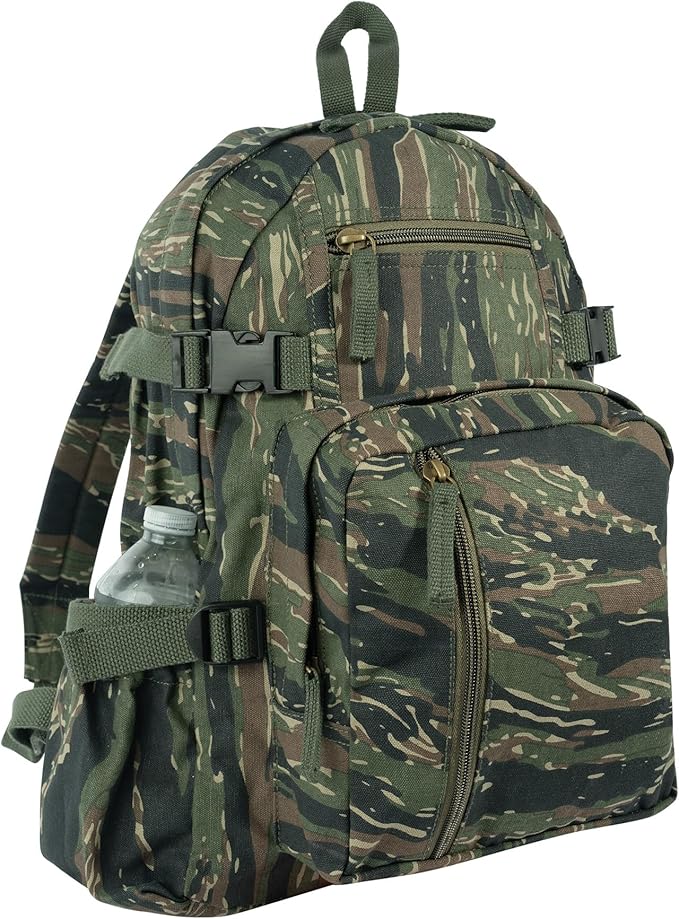 Rothco Vintage Canvas Compact Backpack – Rugged Everyday Carry Travel Storage Bag Tiger Stripe Camo