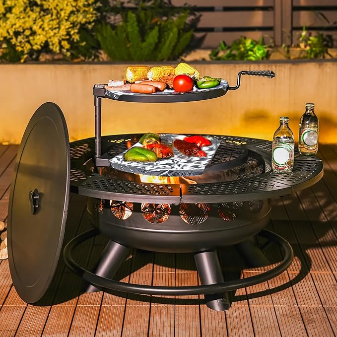 36 Inch Fire Pit with 2 Cooking GrillsOutdoor Wood Burning BBQ Firepit with Lid 3-in-1 Outdoor Fire Pit for Backyard Deck Bonfire Patio Picnic(Black)