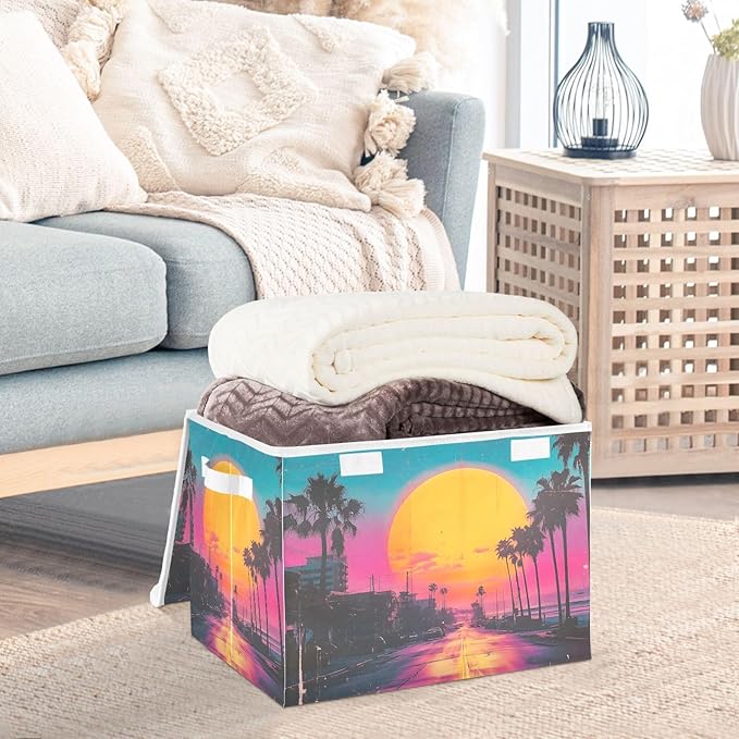 Storage Cube with Lid Tropical City Print 16.5×12.6×11.8 IN 1 Pack Collapsible Large Capacity Foldable Storage Basket Bin Organizer