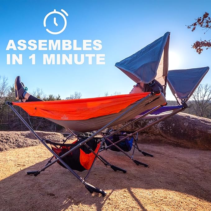 Portable Hammock with Stand World's Best Mock ONE® Hammock Compact Folding Framed Hammock with Adjustable Sunshade Canopy for Park Backyard Garden Camping Hiking Mountaineering Beaches- Orange
