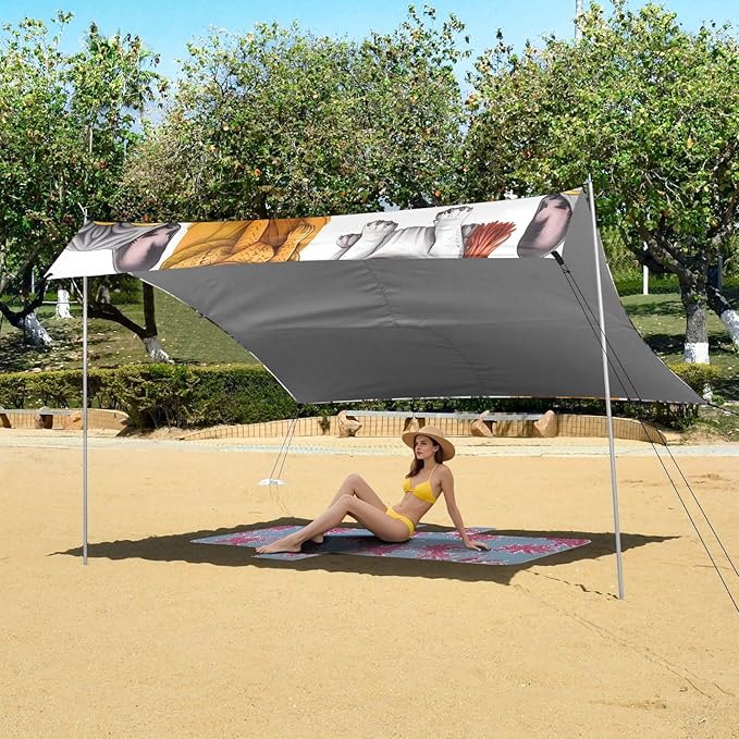 ALAZA French Bulldogs with Hat Dogs Beach Tent Sun Shelter UPF50+ Protection Beach Shade Canopy w/ 4 Sandbags for Outdoor Camping Fishing Backyard Fun Picnic 10x9 ft