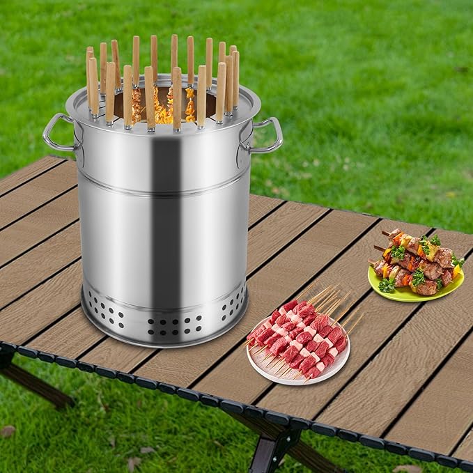 Large Portable Charcoal Grills 2 in 1 Vertical Smoker 360° Smokeless Stainless Steel BBQ Grill Barrel for Outdoor Barbecue Camping And Backyard Cooking (Mini-20 Skewers)