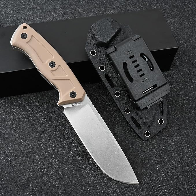 Knives 14C28N Steel Tactical Fixed Blade Knife with kydex sheath G10 Handle for Men EDC Outdoor Camping Survival Hunting (White stone wash+khaki G10)
