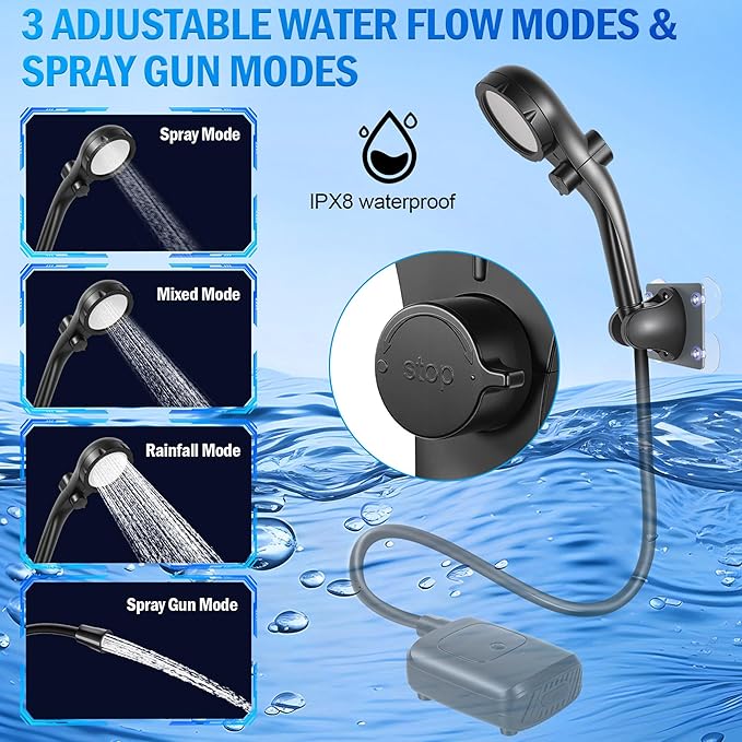 Portable Shower for Camping 2400mAh Rechargeable Camping Shower Pump 4 Shower Modes IPX8 Waterproof Outdoor Shower with LED Display for Hiking Travel Pet and Watering Plants