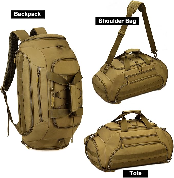 UNISTRENGH 3-Ways Tactical Military Nylon Men Holdall Weekend Travel Duffel Bag Backpack Messenger Shoulder Bags Rucksack Handbag (Coyote Brown)