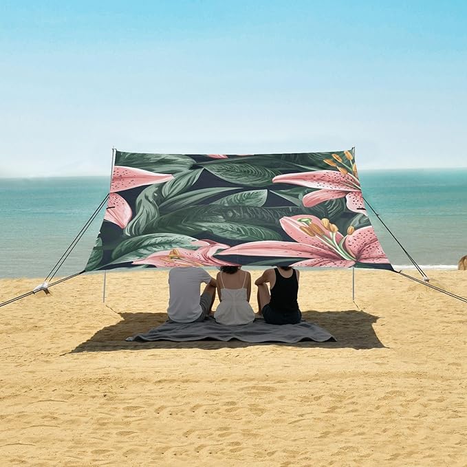 ALAZA Lily Flowers and Leaves Beach Tent Sun Shelter Portable Canopy Sunshade for Outdoor Camping Picnics Backyard Fun 10x9 ft