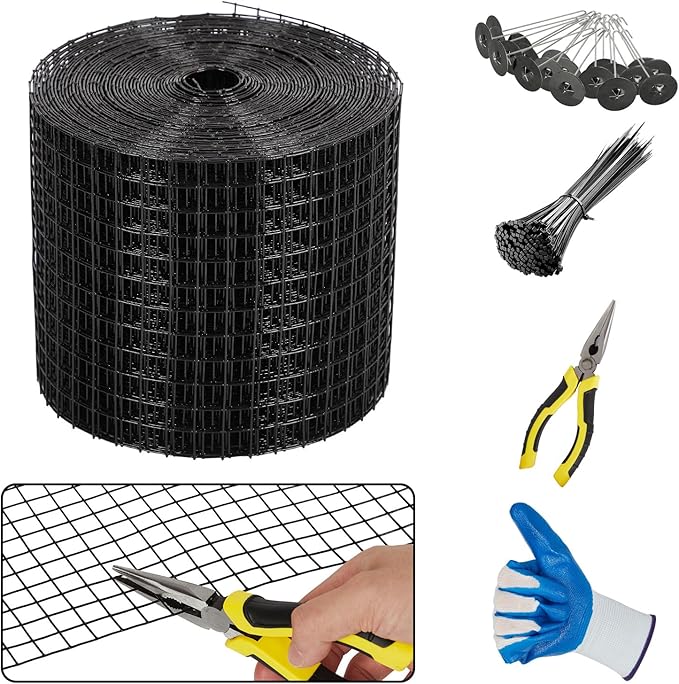 6In x 50Ft 1/2-Inch Grid Solar Panel Bird Guard Kit | Heavy-Duty PVC Coated Mesh with 100 Fastener Clips 100 Cable Ties Gloves &amp Pliers for Bird &amp Critter Control