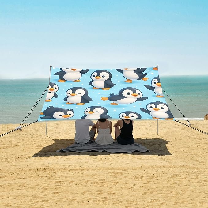 Penguin Beach Canopy Sun Shelter with Sandbags &amp Sand Shovel &amp Windproof Ropes - Portable 110x126 Beach Shade Beach Tent for Camping Picnics
