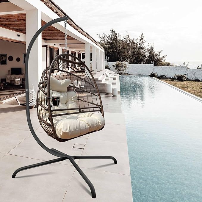 Swing Egg Chair with Stand Indoor Outdoor Wicker Rattan Patio Basket Hanging Chair with C Type Bracket Cushion Pillow and Special Construction Cup Holder