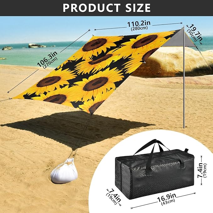 Beach Canopy with Windproof Ropes &amp Sandbags Beach Tent Sun Shade Sun Shelter for Camping Trips Fishing Backyard Fun or Picnics Sunflower