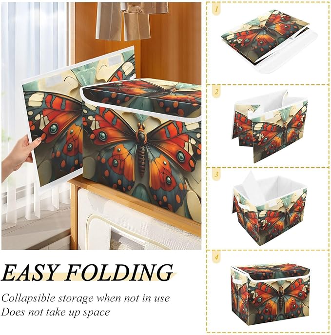 AIXIWAWA Lidded Storage Cube (Butterfly Artwork) Fabric Foldable Closet Bins with Flip Lid and Handles Organizer Basket Container 16.5 x 12.6 x 11.8 IN
