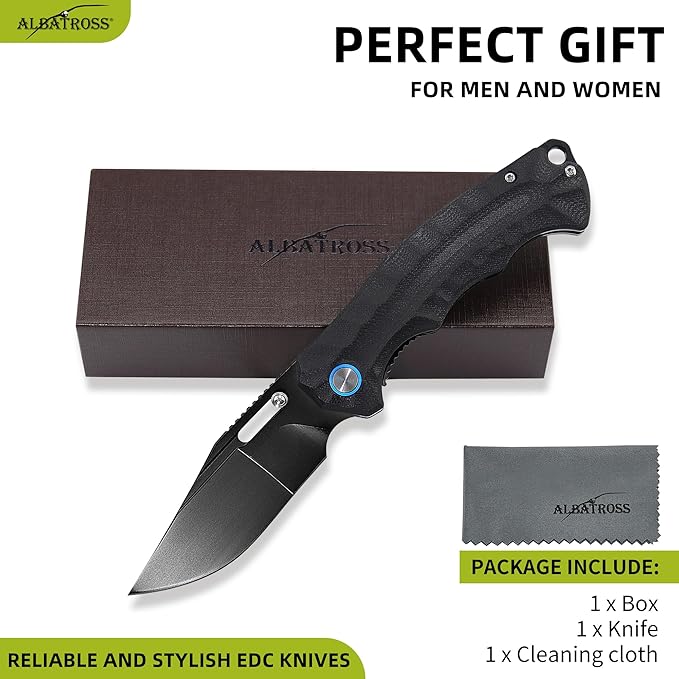 ALBATROSS Ultra-Light All Black EDC Knife 2oz D2 Steel Blade G10 Handle Liner Lock Thumb Hole Pocket knives for Mother's Day Father's Day Birthday Gift Box