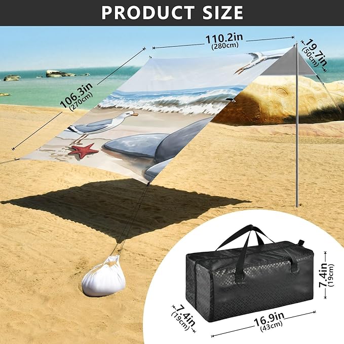 Beach Canopy with Windproof Ropes &amp Sandbags Beach Tent Sun Shade Sun Shelter for Camping Trips Fishing Backyard Fun or Picnics Seagull