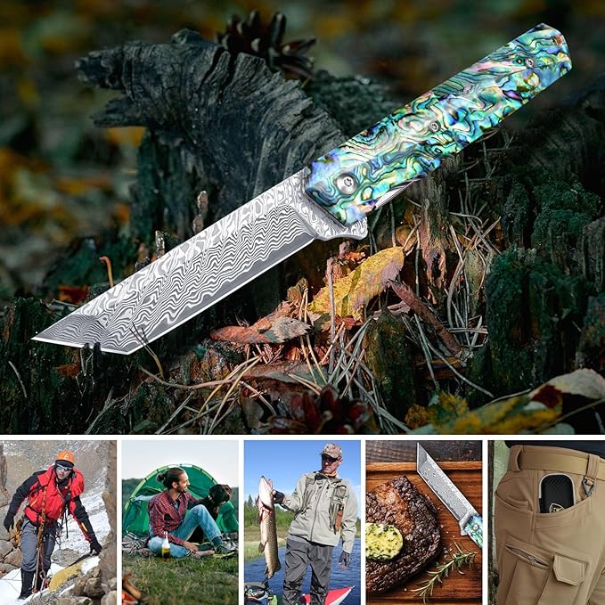 AUBEY Damascus Pocket Knife with Clip Sharp Tanto Blade with VG10 Core Folding Knife with Abalone Shell Handle and Glass Breaker EDC Camping Knife for Gift Survival Collection
