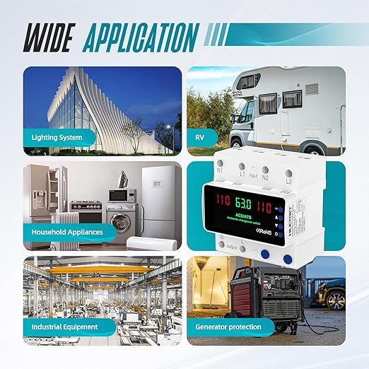 Automatic Transfer Switch 63A 110V Manual Changeover Switch DIN Rail Mount 63Amp AC 2P Dual Power Mini ATS with LED Display for Home Generator &amp Gas Furnace Adjustable Voltage 50/60Hz CE Certif