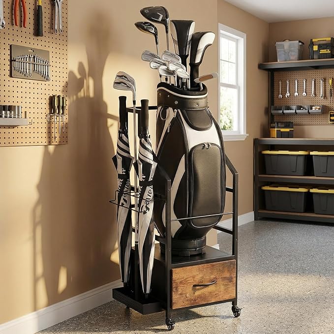 Golf Bag Organizer Rack with Wheels Golf Storage Organizer for GarageGolf Stand &amp AccessoriesBrown Garage Organizer Fit Single Golf Bags