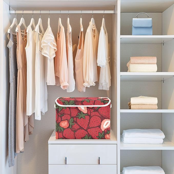 Storage Bins with Lids Storage Containers Box Organizer Bin Basket with Handles for Closet Shelves Clothes Stackable Foldable Decorative Cartoon Red Strawberry