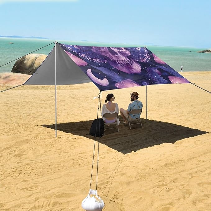 ALAZA Skull Moon Butterfly Beach Tent Sun Shelter UPF50+ Protection Beach Shade Canopy w/ 4 Sandbags for Outdoor Camping Fishing Backyard Fun Picnic 10x9 ft