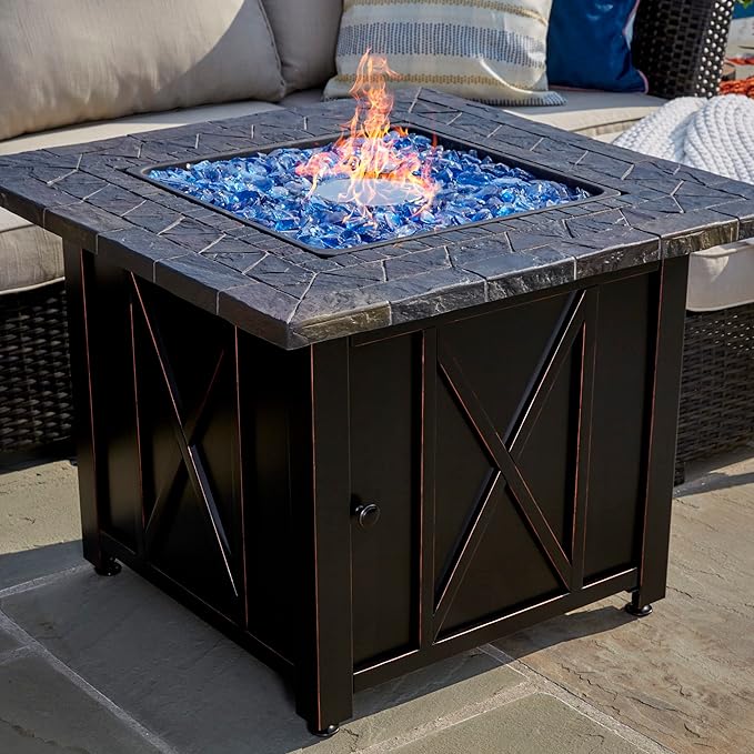 Endless Summer 30 Inch Square 30000 BTU Liquid Propane Gas Outdoor Fire Pit Table w/Push Button Ignition Blue Fire Glass &amp Steel Fire Bowl Bronze