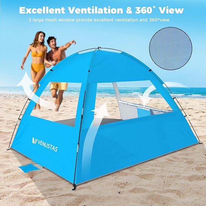 Venustas Beach Tent Sun Shelter for 3/4/6/8 Person UPF 50+ UV Protection Beach Canopy Lightweight and Easy Setup Cabana Portable Shade Tent