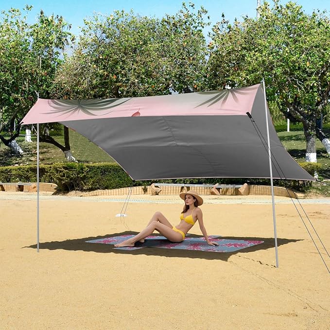 ALAZA Two Flamingo Pink Heart in Palm Jungle Beach Tent Sun Shelter Portable Canopy Sunshade for Outdoor Camping Picnics Backyard Fun 10x9 ft