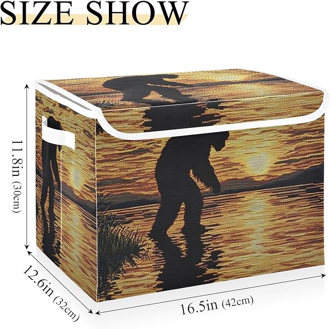 Storage Cube with Lid Sunset Sasquatch Print 16.5×12.6×11.8 IN Collapsible Large Capacity Foldable Storage Basket Bin Organizer