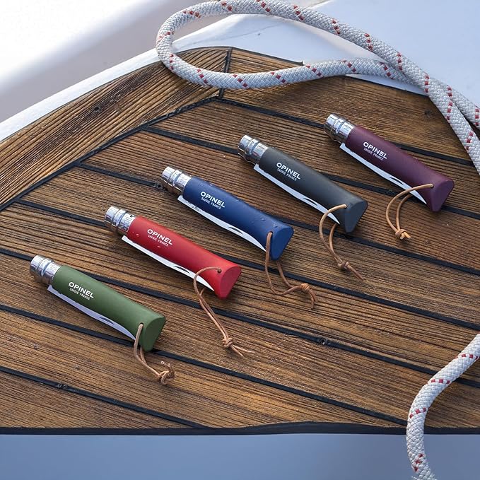 Opinel Colorama Series No. 8 - Stainless Steel Everyday Carry Folding Pocket Knife with Leather Strap Painted Hornbeam Handles