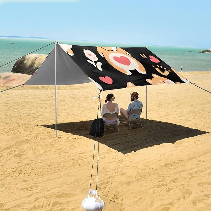 ALAZA Corgi Flower Heart Pattern Beach Tent Sun Shelter Portable Canopy Sunshade for Outdoor Camping Picnics Backyard Fun 10x9 ft
