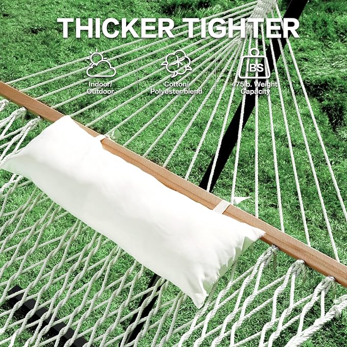 PNAEUT Double Rope Hammock with Stand Included 12ft Heavy Duty Stand 2 Person Traditional Cotton Rope Hammocks with Pillow for Outside Porch Patio Backyard Outdoor Max 475lbs Capacity (Burlywood)