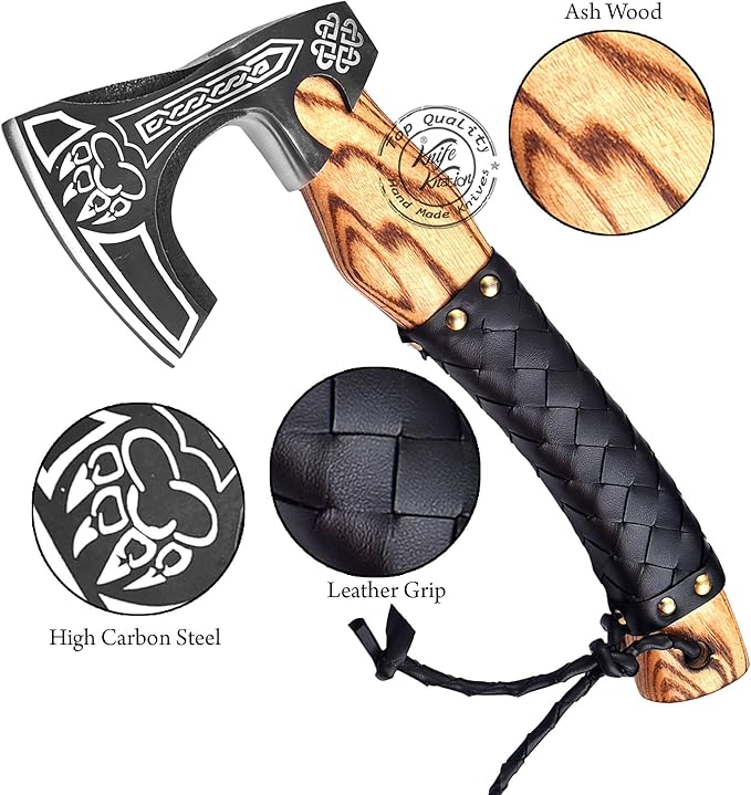 Hand-Forged Engraved Viking Axe Outdoor Camping Hunting Norse Hatchet Axe with Leather-Wrapped Handle &amp Sheath Great for Birthdays Gift Holidays Christmas or Weddings Gift (AXE-04)