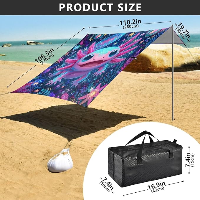 ALAZA Salamander Cute Axolotl Beach Tent Sun Shelter UPF50+ Protection Beach Shade Canopy w/ 4 Sandbags for Outdoor Camping Fishing Backyard Fun Picnic 10x9 ft