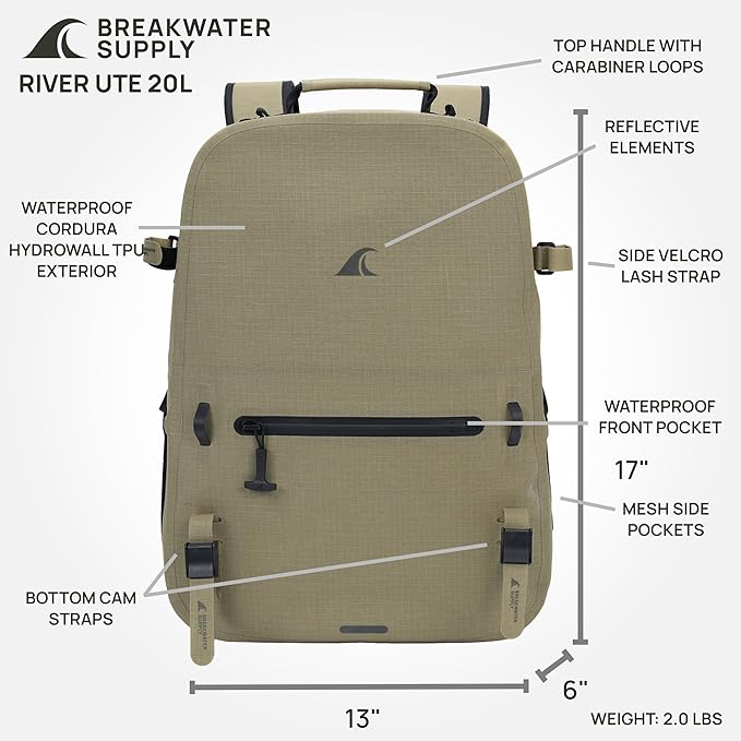 Breakwater Supply™ River Ute Waterproof IP68 Hunting Backpack Floating TPU Submersible Dry Bag with Padded Hip Belt and Airtight Zippers | 20L (River Ute 20L CORDURA Safari Tan)