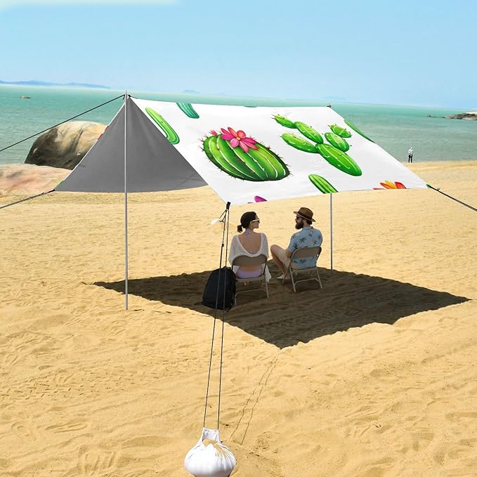 Beach Canopy with Windproof Ropes &amp Sandbags Beach Tent Sun Shade Sun Shelter for Camping Trips Fishing Backyard Fun or Picnics Cactus