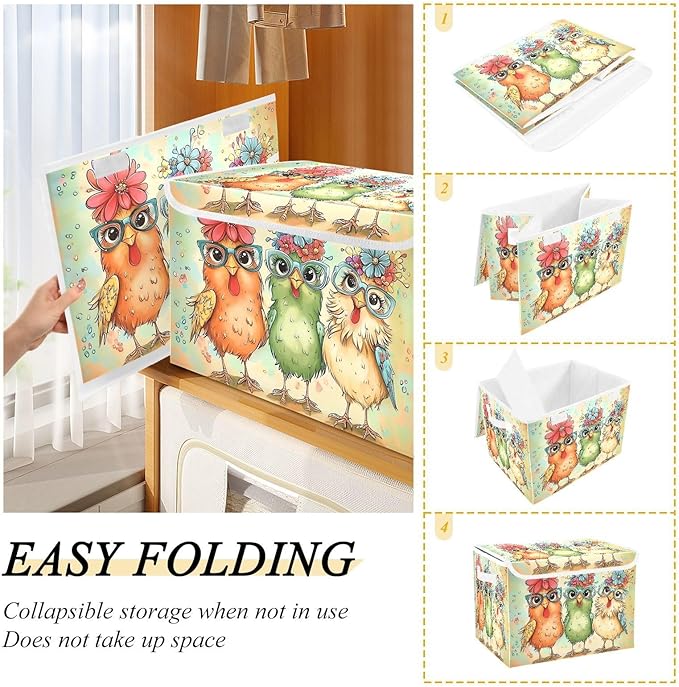 Hen Flowers Chicken Glasses Storage Bins with Lids Foldable Storage Boxes Cube Closet Storage Baskets Container Organizers for Home Bedroom Office
