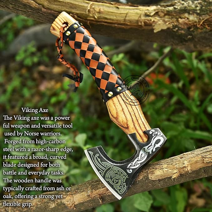 Hand-Forged Engraved Viking Axe Outdoor Camping Hunting Norse Hatchet Axe with Leather-Wrapped Handle &amp Sheath Great for Birthdays Gift Holidays Christmas or Weddings Gift (AXE-02)