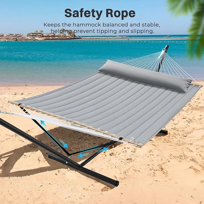 SUPERJARE Hammock with Stand 2 Person Quilted Outdoor Hammock Detachable Pillow &amp Bamboo Spreaders Portable Hammock with Carrying Bag Heavy Duty Stand Perfect for Outside Patio Gray