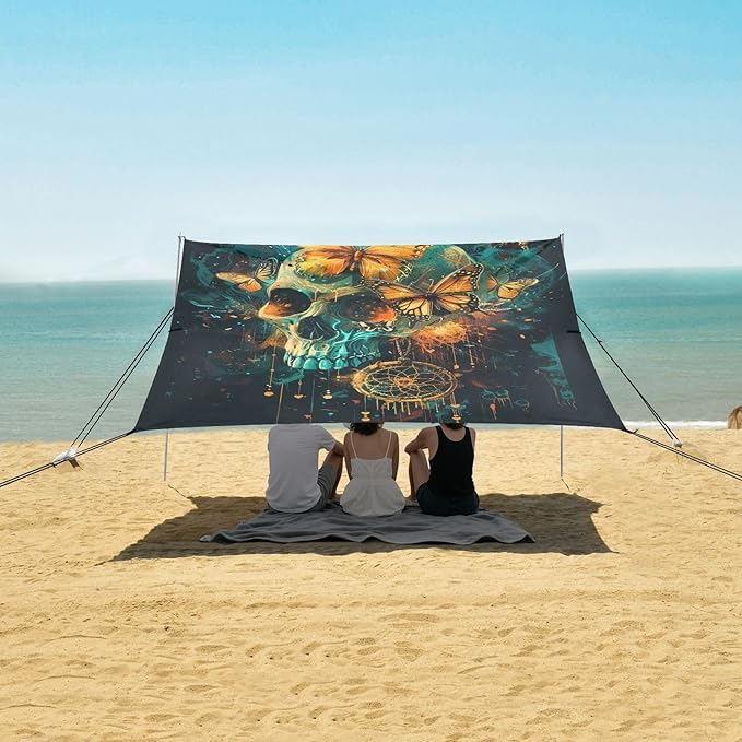 ALAZA Butterflies Skull Dreamcatcher Beach Tent Sun Shelter Portable Canopy Sunshade for Outdoor Camping Picnics Backyard Fun 10x9 ft