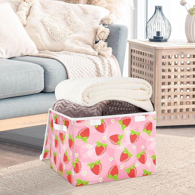 Storage Box Strawberry Fruits Closet Storage Bins with Lids Foldable Oxford Fabric Storage Box for Home Bedroom Closet Office (16.5x12.6x11.8 in)
