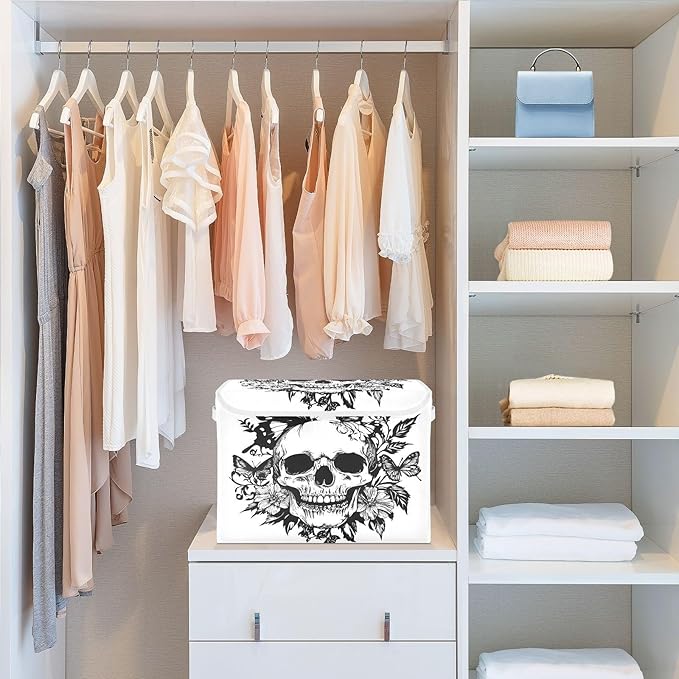 MNSRUU Containers Baskets with Lids Skull Butterfly Fabric Foldable Storage Bins Organizer with Lid Collapsible Storage Boxes for Home Bedroom Closet Office
